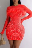 Black Sexy Patchwork Hot Drilling See-through Feathers Pearl O Neck Long Sleeve Dresses