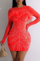 Red Sexy Patchwork Hot Drilling See-through Feathers Pearl O Neck Long Sleeve Dresses