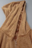 Brown Casual Solid Patchwork Hooded Collar Long Sleeve Two Pieces