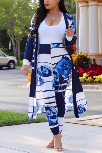 Blue Fashion Sexy Patchwork Print Straight Long Sleeve
