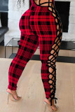 Red Sexy Print Bandage O Neck Regular Jumpsuits