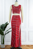 Red Sexy Patchwork Hot Drilling Slit O Neck Sleeveless Two Pieces