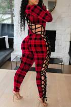Red Sexy Print Bandage O Neck Regular Jumpsuits