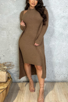 Brown Sexy Casual Daily Solid Cardigan Vests Halter Long Sleeve Two Pieces