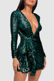Champagne Sexy Solid Sequins Patchwork Flounce V Neck One Step Skirt Dresses