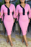 Pink Casual Solid Patchwork V Neck Long Sleeve Dresses