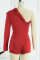 Red Sexy Patchwork Hot Drilling See-through Backless One Shoulder Long Sleeve Two Pieces