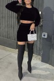Black Sexy Solid Basic O Neck Long Sleeve Two Pieces