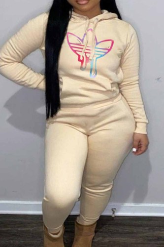 Khaki Casual Print Patchwork Hooded Collar Long Sleeve Two Pieces