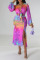 Multicolor Sexy Print Bandage Patchwork Slit V Neck Long Sleeve Two Pieces