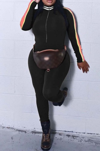 Black Casual Striped Patchwork Zipper Collar Skinny Jumpsuits