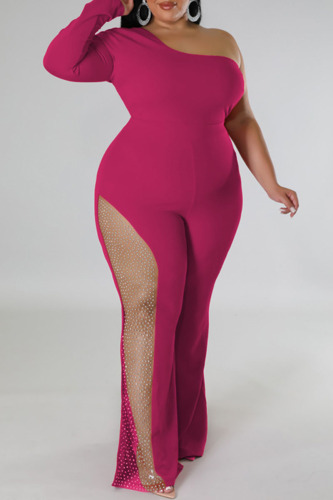 Rose Red Sexy Solid Patchwork Hot Drill Oblique Collar Plus Size Jumpsuits