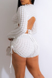 White Sexy Casual Solid Bandage Draw String Backless Fold O Neck Long Sleeve Two Pieces