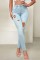 Baby Blue Casual Solid Ripped High Waist Skinny Denim Jeans