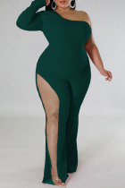 Ink Green Sexy Solid Patchwork Hot Drill Oblique Collar Plus Size Jumpsuits