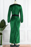 Green Elegant Solid Patchwork Slit V Neck Evening Dress Dresses