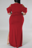 Rose Red Sexy Solid Patchwork Slit Fold V Neck Straight Plus Size Dresses
