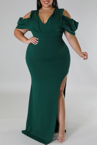 Green Sexy Solid Patchwork Slit Fold V Neck Straight Plus Size Dresses