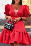 Red Casual Solid Patchwork V Neck A Line Dresses