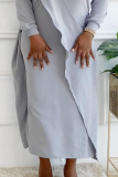 Grey Plus Size Solid O Neck Long Sleeve