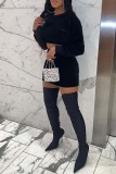 Black Sexy Solid Basic O Neck Long Sleeve Two Pieces