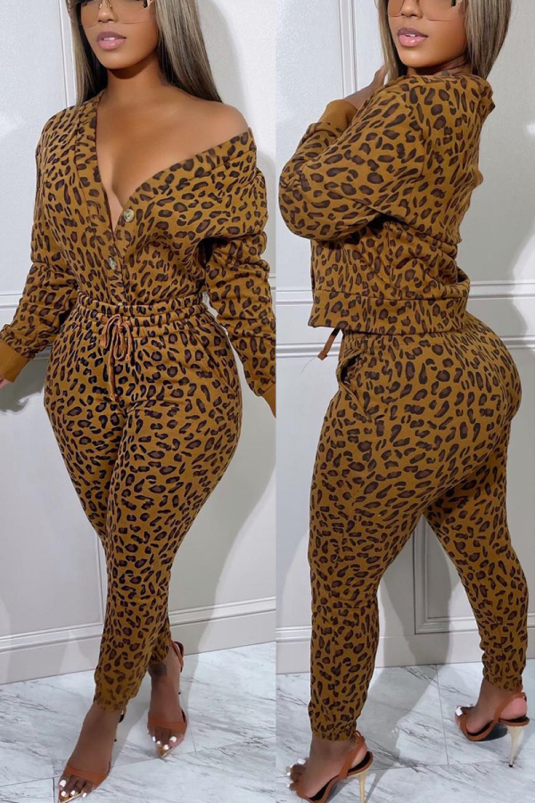 Leopard Print Sexy Casual Leopard Printing V Neck Long Sleeve Two Pieces