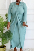 Turquoise Plus Size Solid O Neck Long Sleeve