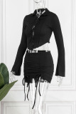 Black Sexy Solid Bandage Hollowed Out Patchwork Asymmetrical Turndown Collar Long Sleeve Two Pieces