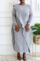 Grey Plus Size Solid O Neck Long Sleeve