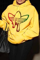 Yellow Casual Print Patchwork Hooded Collar Tops