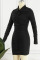 Black Sexy Solid Patchwork Buckle Fold Turndown Collar Pencil Skirt Dresses