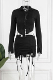Black Sexy Solid Bandage Hollowed Out Patchwork Asymmetrical Turndown Collar Long Sleeve Two Pieces