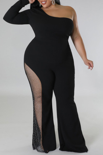 Black Sexy Solid Patchwork Hot Drill Oblique Collar Plus Size Jumpsuits
