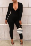 Black Sexy Solid Basic V Neck Skinny Jumpsuits