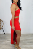 Red Sexy Solid Hollowed Out High Opening One Shoulder Pencil Skirt Dresses