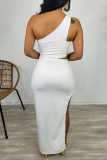 Blue Sexy Solid Hollowed Out High Opening One Shoulder Pencil Skirt Dresses