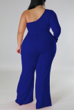 Blue Sexy Solid Patchwork Hot Drill Oblique Collar Plus Size Jumpsuits