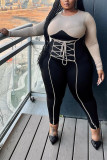 Black Sexy Solid Bandage Patchwork Contrast O Neck Plus Size