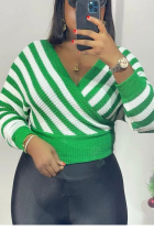 Green Casual Daily Striped Pullovers V Neck Mid Waist Tops