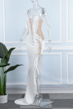 White Sexy Formal Patchwork Hot Drilling See-through Backless Slit Spaghetti Strap Evening Dress