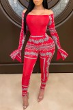 Pink Sexy Casual Print Backless Off the Shoulder Long Sleeve Two Pieces
