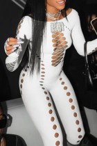White Sexy Solid Ripped Hollowed Out O Neck Skinny Jumpsuits