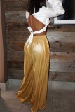 Yellow Casual Solid Basic Regular High Waist Wide Leg Solid Color Trousers