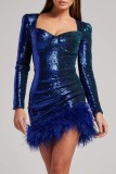 Champagne Sexy Formal Patchwork Sequins Feathers V Neck Long Sleeve Dresses