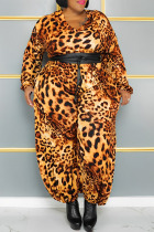 Yellow Sexy Street Print Leopard Patchwork Without Belt V Neck Plus Size Jumpsuits(Without Belt)