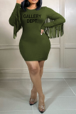 Army Green Sexy Print Tassel O Neck Pencil Skirt Plus Size Dresses