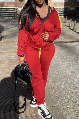 Red Casual Solid Patchwork Zipper Hooded Collar Long Sleeve Two Pieces