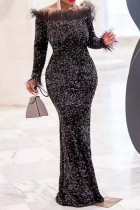 Black Sexy Formal Patchwork Sequins Feathers Off the Shoulder Long Sleeve Dresses