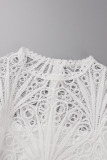 White Elegant Solid Patchwork Fold With Belt O Neck Straight Dresses