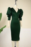 Ink Green Sexy Formal Patchwork Beading V Neck One Step Skirt Dresses